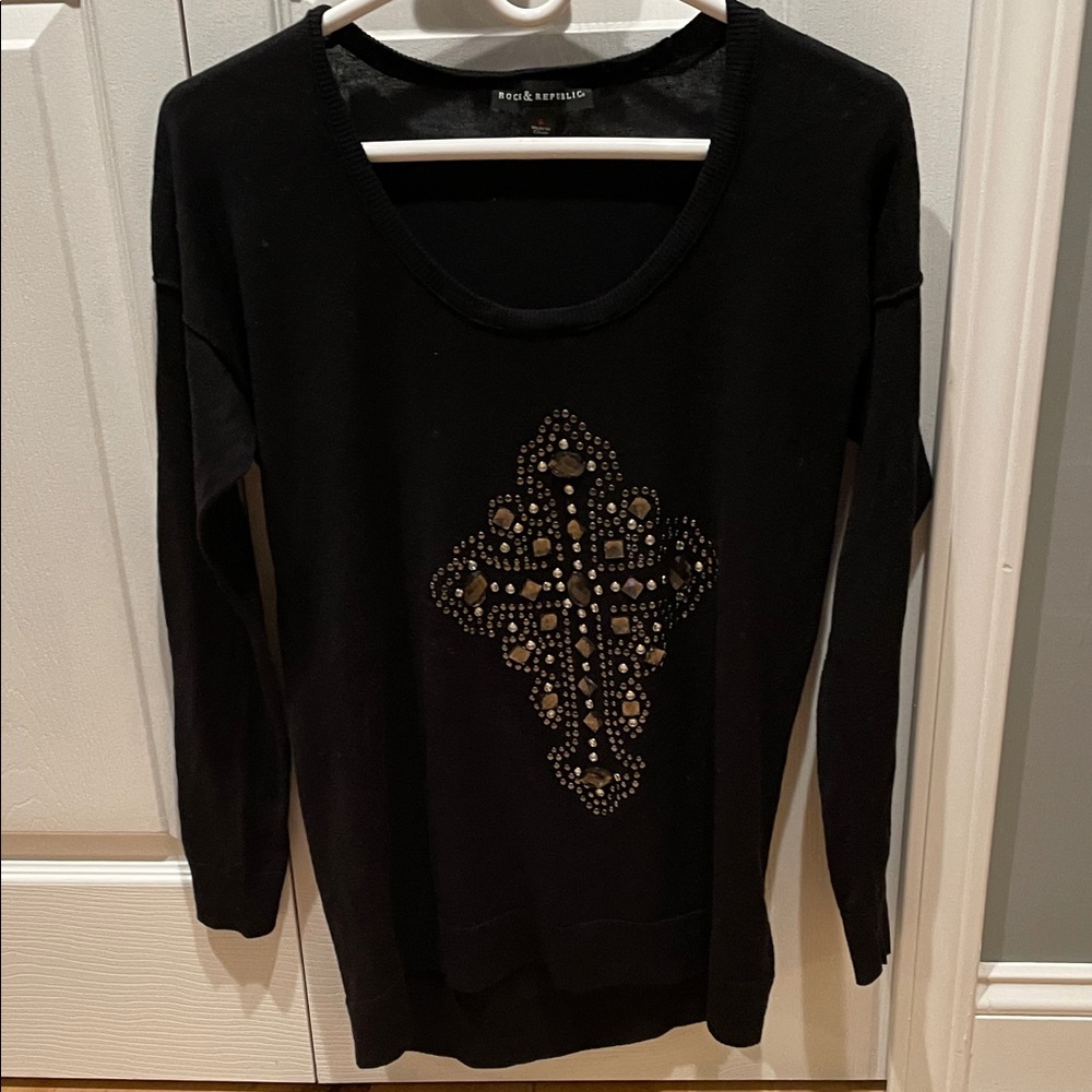 Rock & Republic Black Studded Long Sleeve Top